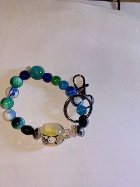 Handmade Blue & Green Beaded Charm Keyring Bracelet